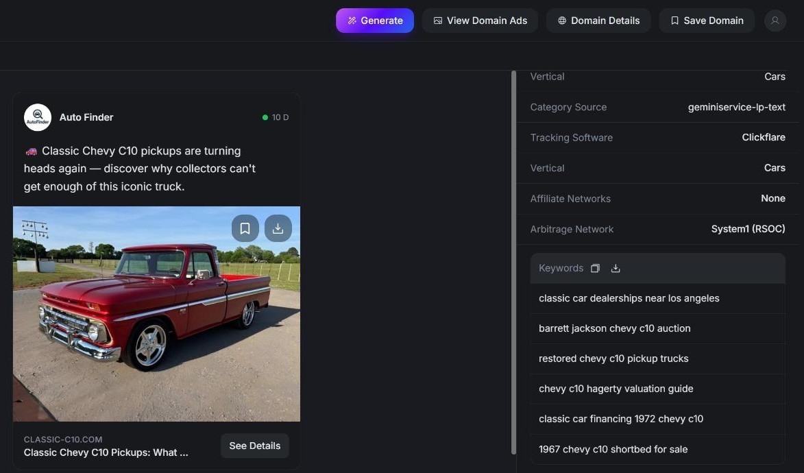 The same ad’s tags in AdPlexity Social: vertical Cars, tracking software Clickflare, arbitrage network System1 (RSOC), and the arbitrage keywords behind it
