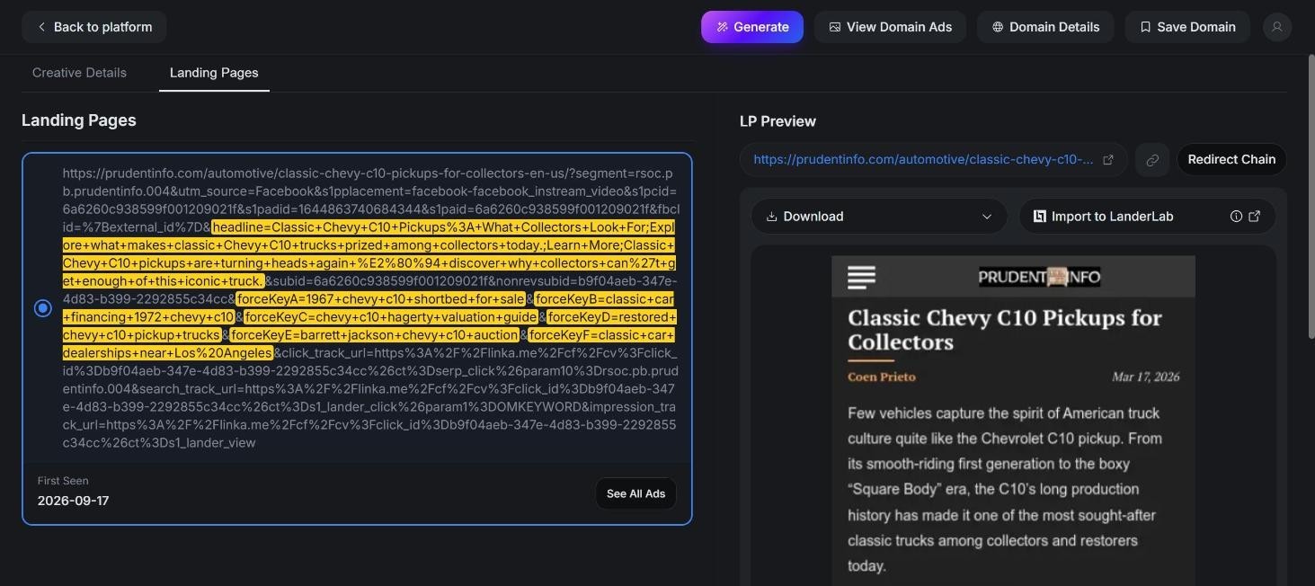 The ad’s full landing URL in the Landing Pages tab, with the headline parameter and the six forceKey keyword parameters highlighted