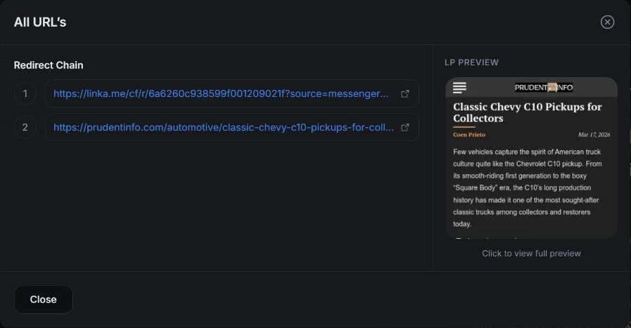 The redirect chain for the same landing page: a ClickFlare hop on linka.me, then the prudentinfo.com article