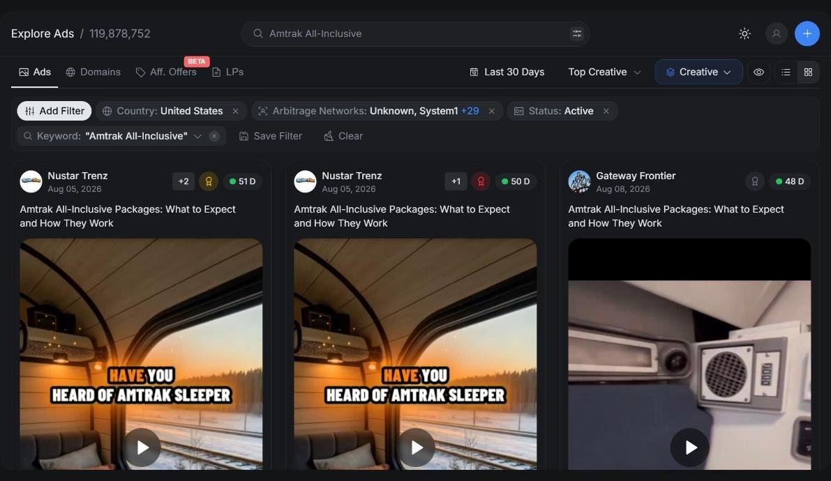 Explore, Ads with Country United States, the Industry filter’s Search arbitrage option (every arbitrage network selected), Status Active and the keyword Amtrak All-Inclusive: the Nustar Trenz creatives quoted above